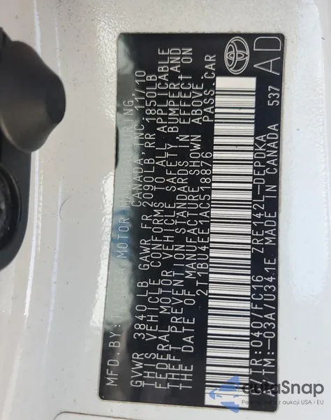 2010 Toyota Corolla Base из США, поврежденный, VIN 2T1BU4EE1AC518876